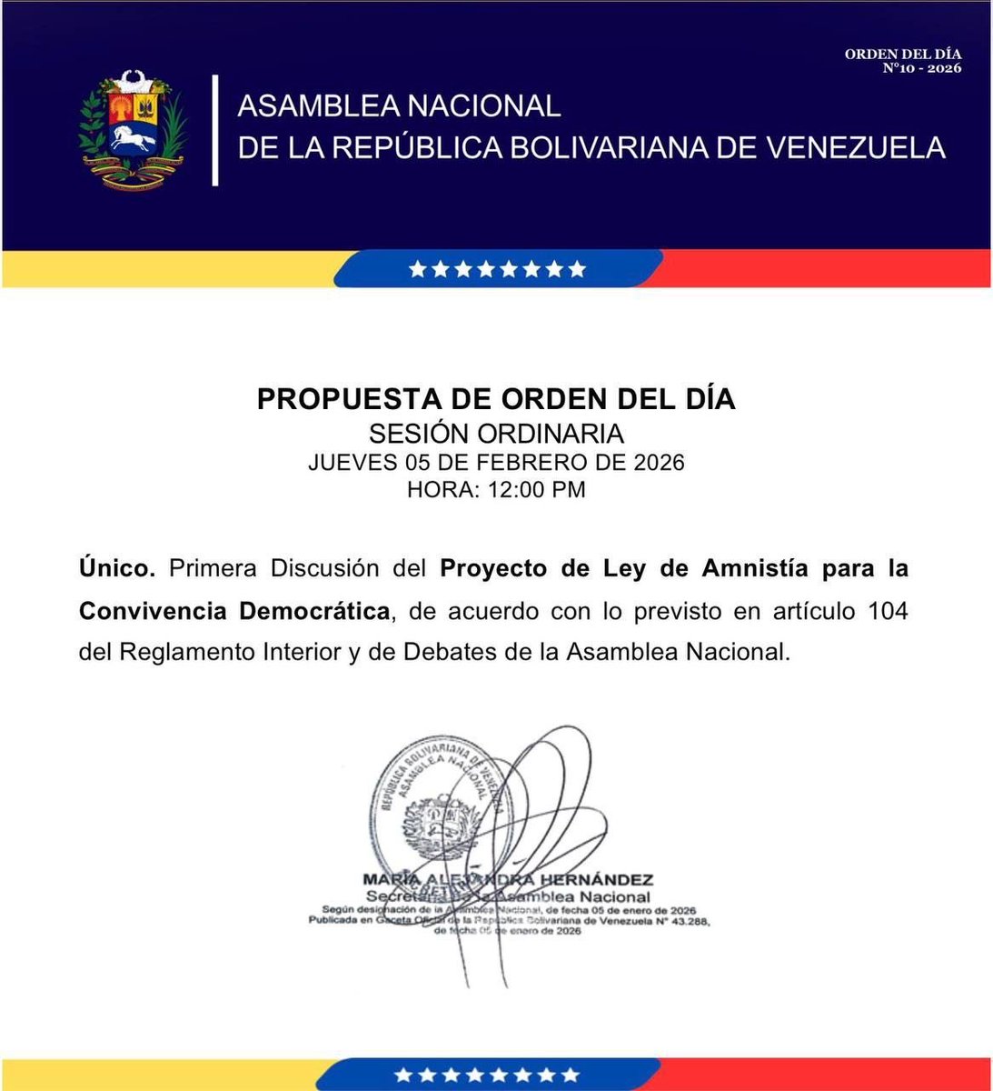 #AHORA Asamblea Nacional debate hoy (primera discusión) el proyecto de Ley de Amnistía para la Convivencia Democrática, según propuesta del orden del día.