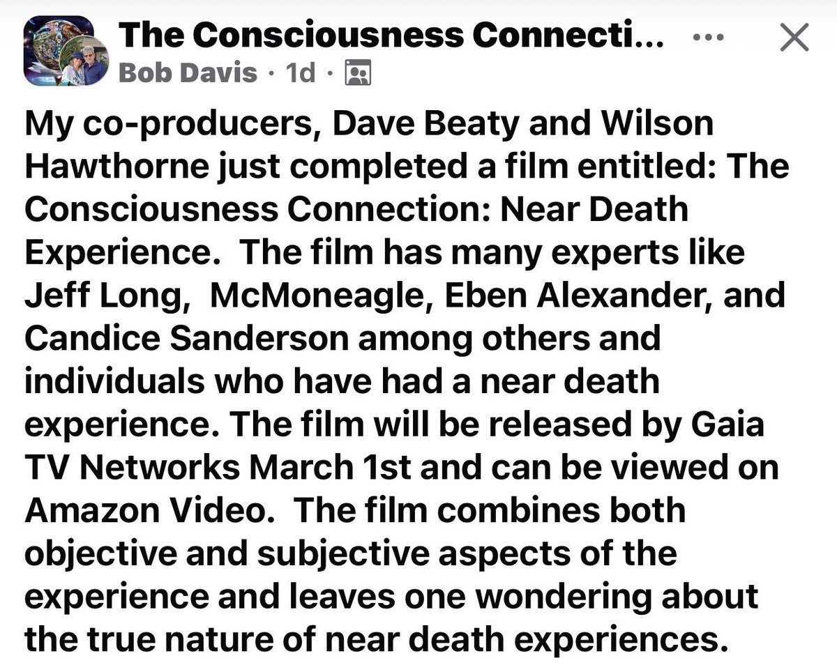 Once again, Dave Beaty, Bob Davis, and Wilson Hawthorne work their magic to produce another film:The Consciousness Connection: Near Death Experience.

I’m honored to be featured in their new endeavor and among so many icons in the field of consciousness. 💜