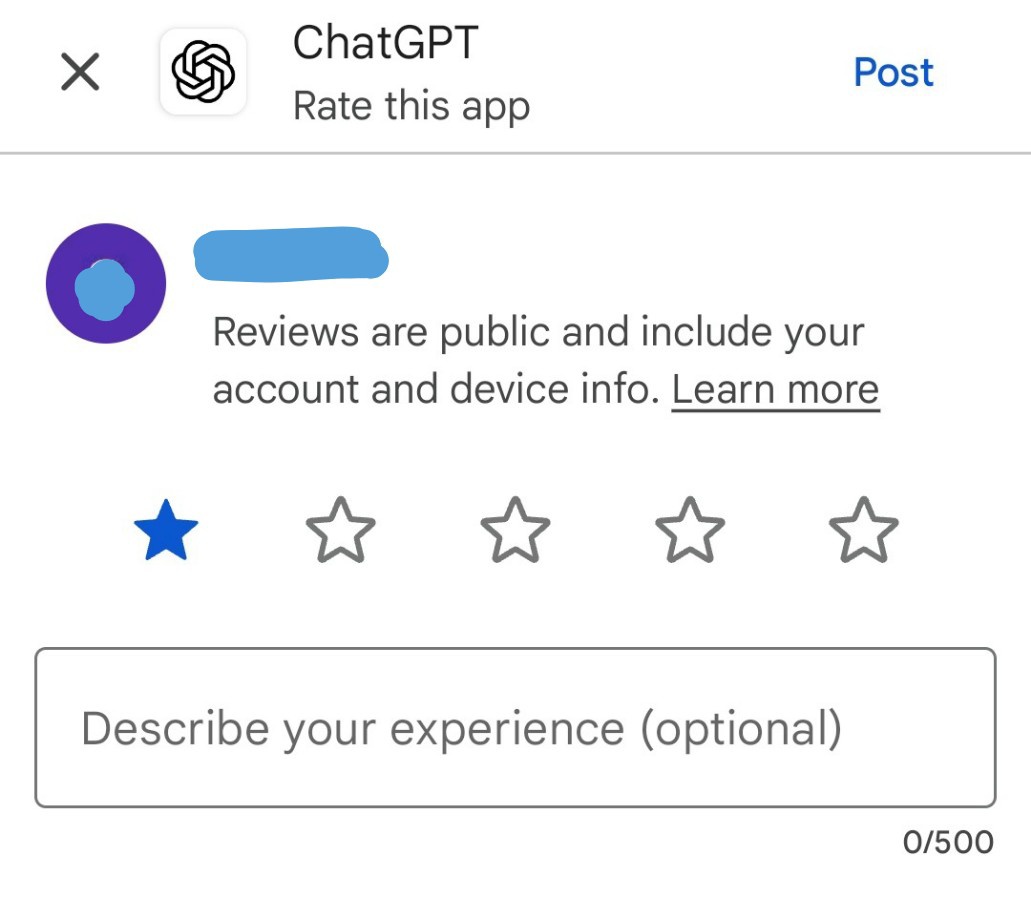 keepgpt4o's tweet photo. Just left one star for ChatGPT in Google Play 👎 Please, join! #keep4o #keep41 #BoycottOpenAI #cancelOpenAI https://t.co/eJCPDAwAJX