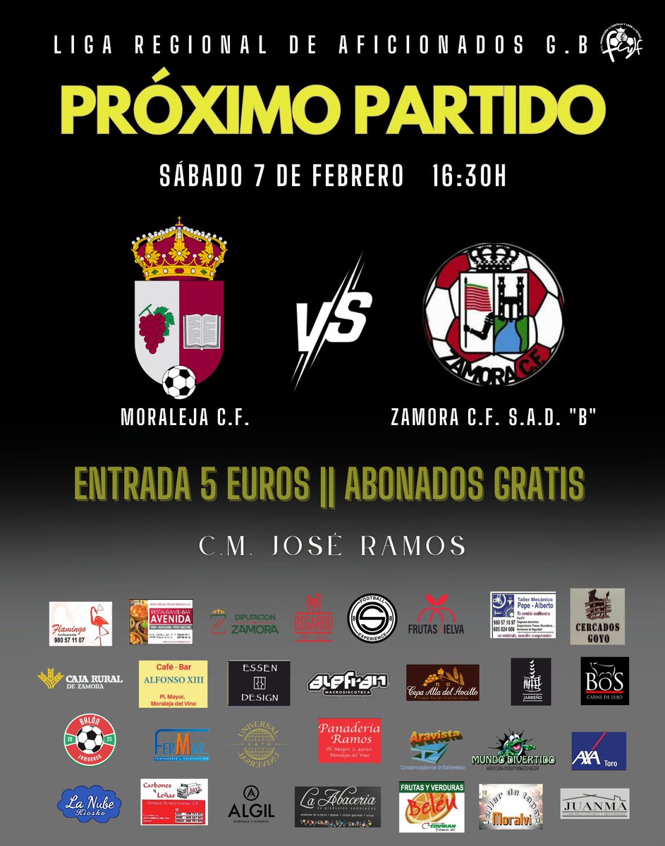 J19 || Volvemos al José Ramos 💪
Tras dos semanas sin competir, volvemos a casa… y lo hacemos en DERBI.
🆚 Zamora C.F. S.A.D. “B”
📆 Sáb. 7 feb
🕟 16:30 h
📍 C.M. José Ramos
🎟 5 € | 🎫 Abonados GRATIS
Grada, os necesitamos.
💪🔥 Moraleja nunca se rinde
