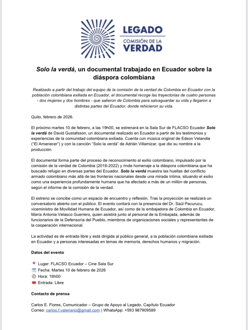 #Ecuador 🇪🇨
El próximo 10 de febrero, en la sede de <a href="/FLACSOec/">FLACSO Ecuador</a>, se presentará el documental ‘Solo la veldá’ como parte del reconocimiento al exilio colombiano en ese país.
Saludamos esta maravillosa iniciativa y celebramos los espacios que buscan que la verdad siga caminando.