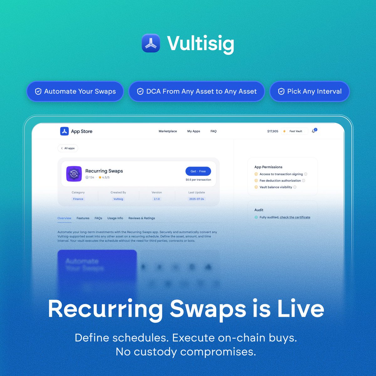 The DCA plugin is live on the Vultisig marketplace.

• Set your schedule
• Automate on-chain buys
• Multi-chain. Self-custodial. Secure.

We’re already using ecosystem revenue to DCA back into $VULT automatically.

Real usage. Real fees. Real buy pressure.