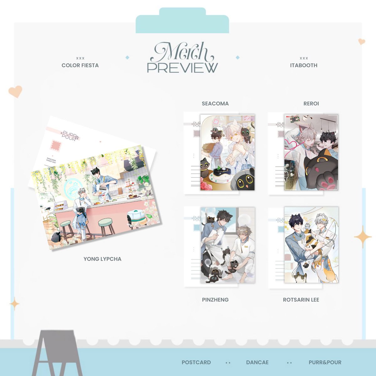 ◤Merch Preview◢
The cute Itabooth postcards are finally here!
Featuring sweet everyday moments of our two café owners. From brewing drinks, caring for the cats to sneaky dates behind the counter ❤️
Artists:<a href="/iyp_cha/">🍁𝓲𝔂𝓹.𝓬𝓱𝓪🔞 | CQ9: E01-04 (SAT)</a>, <a href="/seacoma_/">seacoma_</a>, <a href="/Irero444/">溏乃言</a>, <a href="/pinzheng/">謝品蓁</a>, <a href="/Lee110900/">🍁🦝 CQ9 D11-12</a>
#DanCaeitabooth