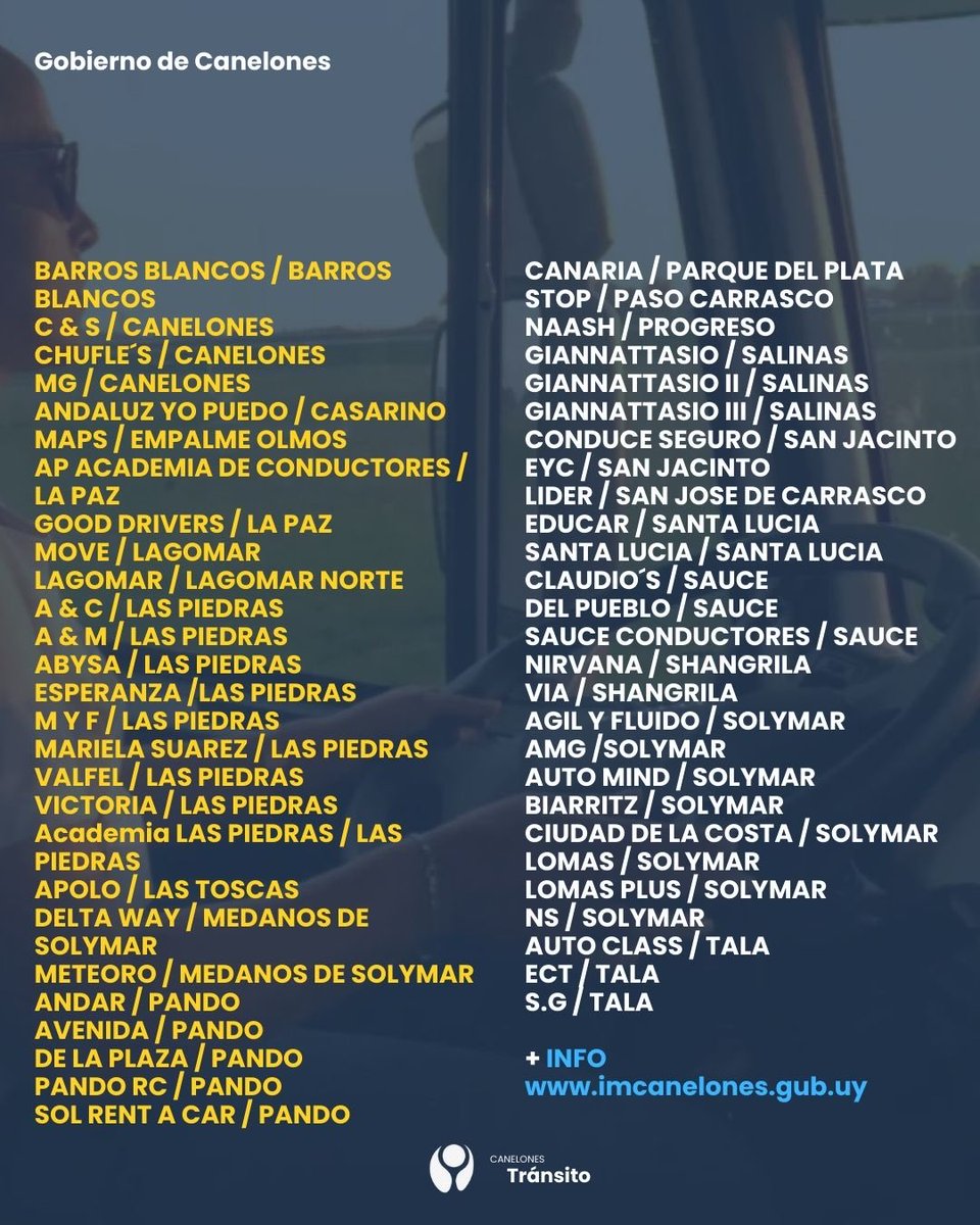 Listado de academias de conducir habilitadas.

+Info ( dirección, teléfono, responsable, email)
👇🏽

imcanelones.gub.uy/servicios/tram…