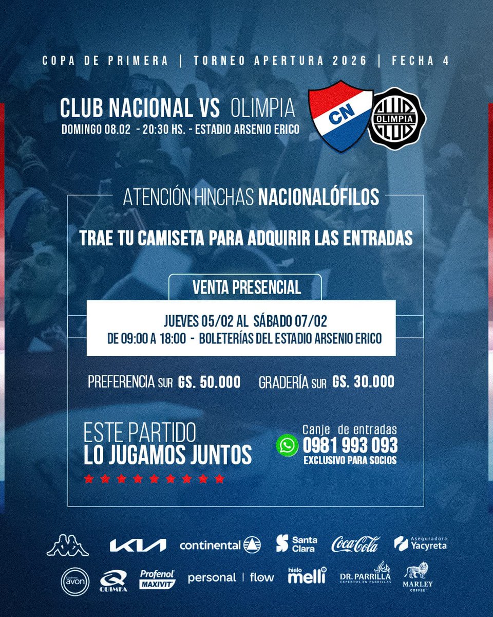 ¡𝙀𝙇 𝘼𝙍𝙎𝙀𝙉𝙄𝙊 𝙀𝙍𝙄𝘾𝙊 𝙉𝙊𝙎 𝙀𝙎𝙋𝙀𝙍𝘼! 

Vení con la Tricolor puesta y buscá tu entrada para el gran encuentro. 

​📍 Punto de Venta: 

Boletería del Arsenio Erico 

• ​Jueves 05 hasta las 18:00

  Viernes 06:  (09:00 a 18:00 h).

• ​Sábado 07: (09:00 a 18:00 h)