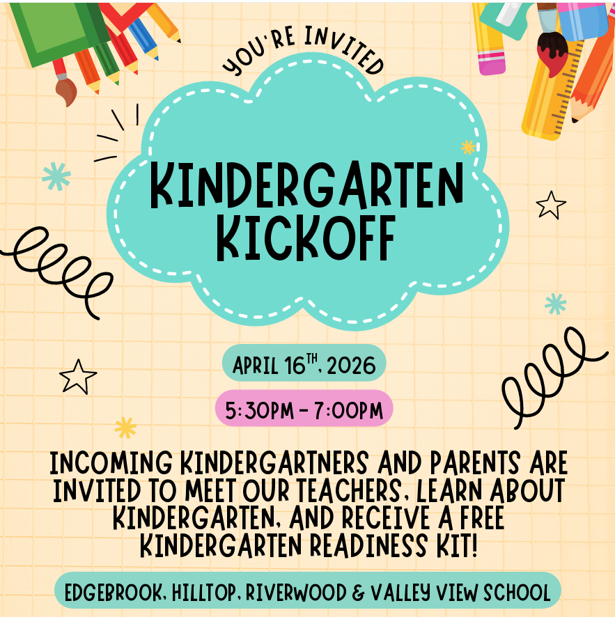 SAVE THE DATE...Thursday, April 16th is Kindergarten Kick-Off!

If you have a child starting kindergarten next year or know someone who does, please check out our Kindergarten Kick-Off event!  See you there!  #riverwoodrocks  #d15rocks