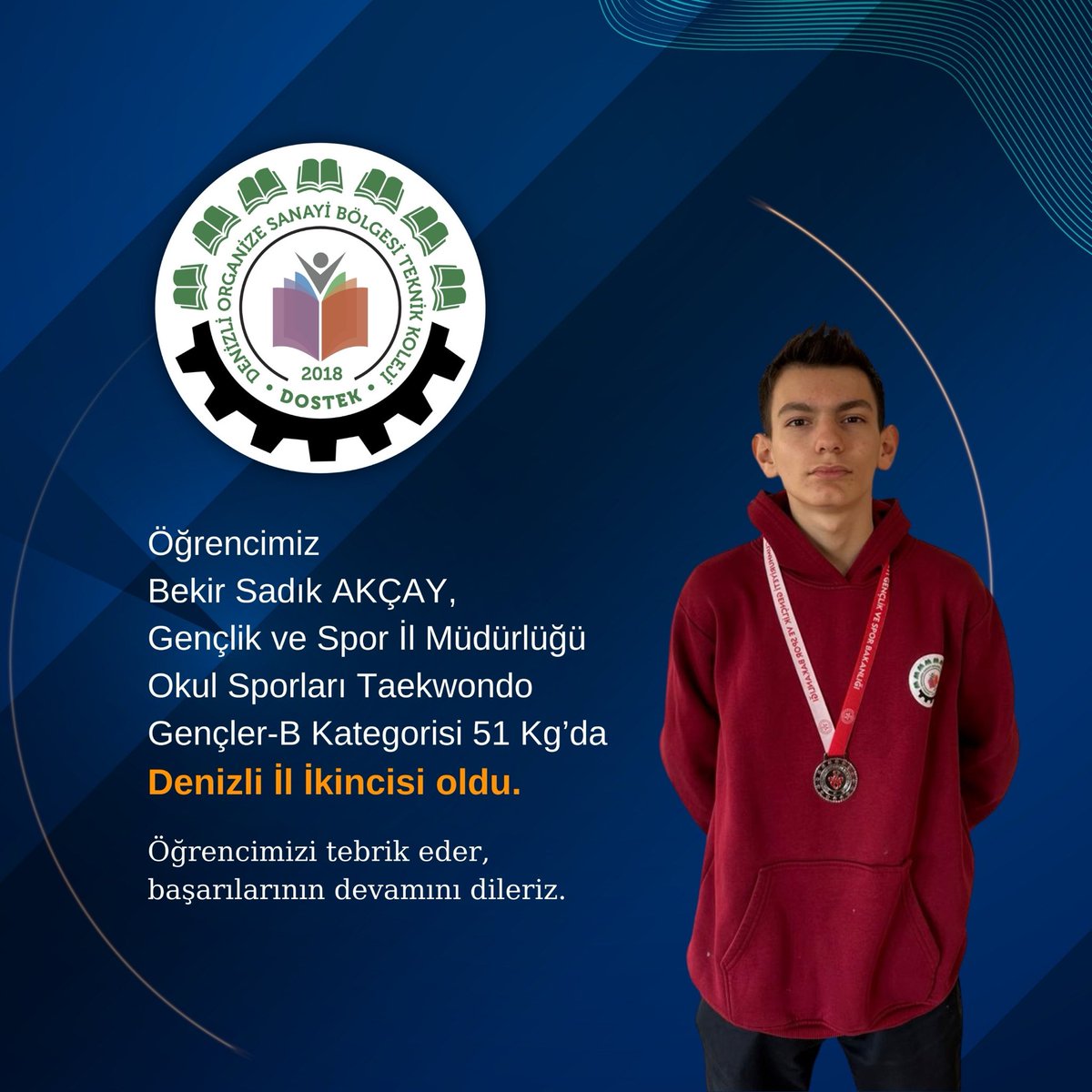 dostekkoleji's tweet image. Öğrencimiz Bekir Sadık Akçay, Gençlik ve Spor İl Müdürlüğü Okul Sporları Taekwondo Gençler-B kategorisi 51 Kg'da Denizli İl İkincisi oldu. 

Öğrencimizi tebrik eder, başarılarının devamını dileriz. 

#dostek #dostekkoleji #denizliosb #taekwondo #okulsporları