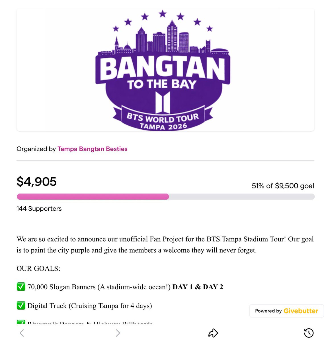 If anyone wants to donate or see their official page with other activities planned for Tampa. 

givebutter.com/BangtantotheBay
#BTS_ARIRANG #BTS_Tampa