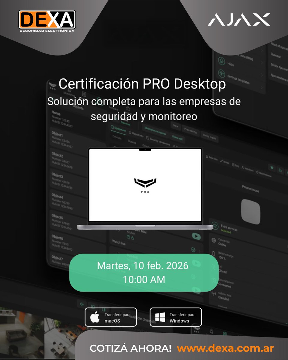 🎓 Certificación #PRODesktop
El centro de control unificado para #alarmas y #video de #Ajax

📅 10 feb 2026 | ⏰ 10:00 h (GMT-3)

Webinar de certificación para #EmpresasdeSeguridad, #CentralesdeMonitoreo e #Integradores y #EquiposTécnicos.

🔗 Registrate:
 app.livestorm.co/ajax-systems/c…