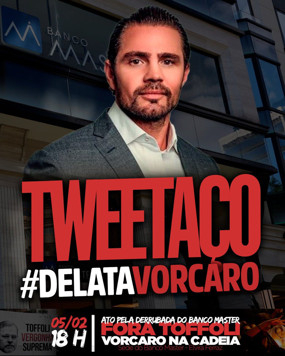 KimKataguiri's tweet image. Antes da manifestação na rua, vamos começar aqui no X. Bora tweetar #DelataVorcaro e #ForaToffoli!

E às 18:00 leve a sua indignação para o nosso segundo ato em frente ao Banco Master.