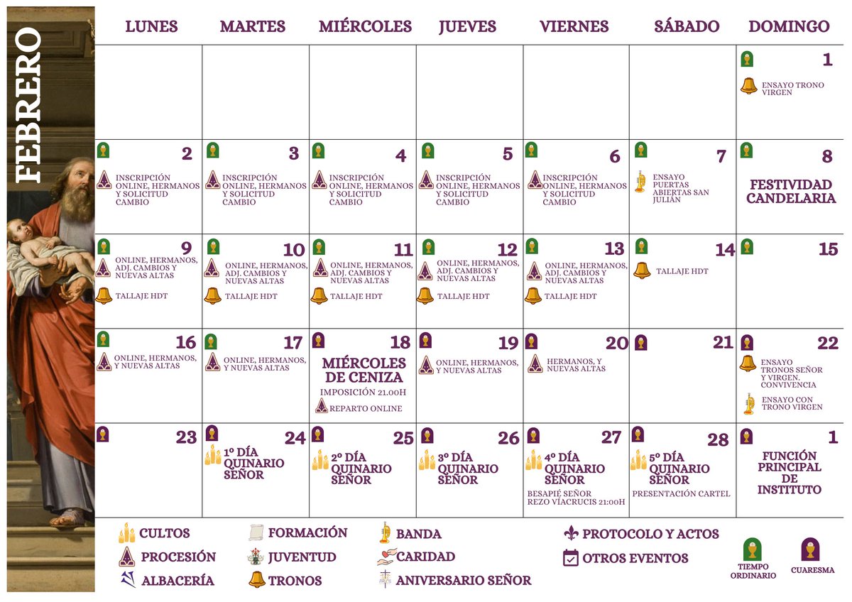 📅 𝐇𝐎𝐑𝐀𝐑𝐈𝐎𝐒 𝐘 𝐂𝐀𝐋𝐄𝐍𝐃𝐀𝐑𝐈𝐎 𝐅𝐄𝐁𝐑𝐄𝐑𝐎 • Con el fin de facilitar la participación de nuestros hermanos en la vida de la Hermandad, compartimos los horarios actualizados de nuestra parroquia, así como los de las misas, Imposición de Cenizas, Quinario del Señor