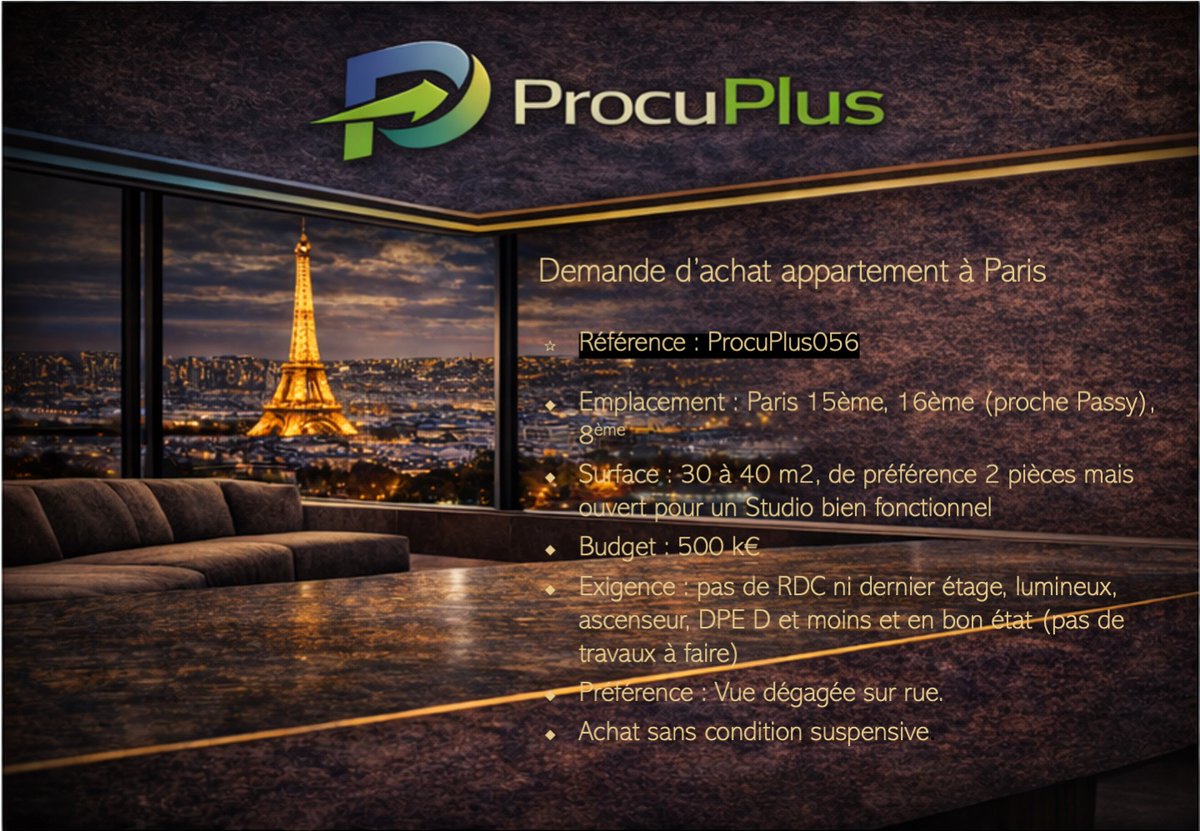 ProcuPlus's tweet photo. 🔎 Recherche d’appartement à Paris Nous accompagnons nos clients de la définition du besoin jusqu’à la signature, avec une approche structurée et exigeante. 📍 Paris 💼 Mandat sérieux – achat sans condition suspensive 👉 Vous êtes agence ou apporteur d’affaires ? Parlons-en. https://t.co/r1YSWT9azv