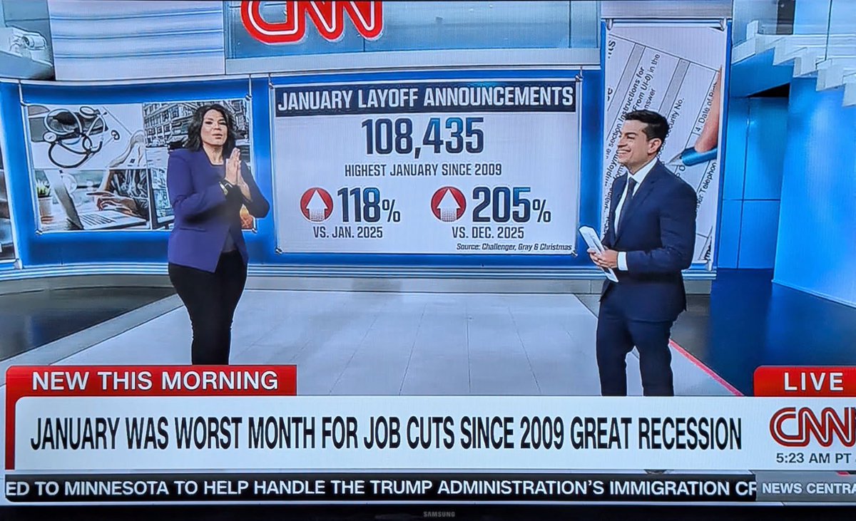 Worst jobs numbers since the Great Recession. Just 5306 new jobs created in January. That's the lowest one record since the early 2000s. Layoffs are up over 100% since last January, and over 300% since January of 2024. #ICEOUT