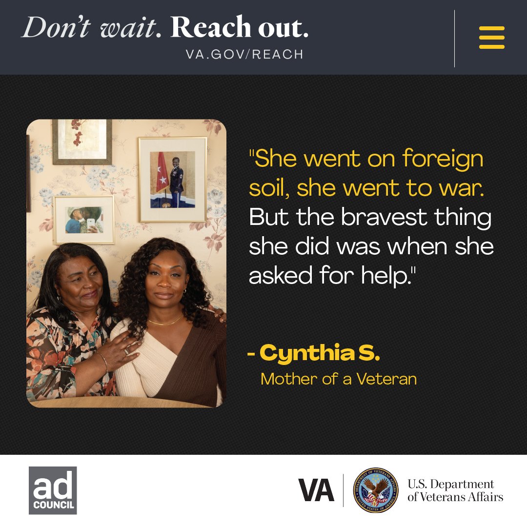 Veterans are quick to help others but may struggle to ask for help themselves. If you or a Veteran you know needs support, don’t wait. Reach out. Visit VA.gov/REACH for resources today. 

#VetsReachOut #SuicidePrevention #SuicideAwareness #VeteransCrisisLine #Veteran