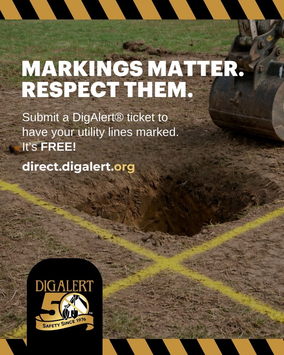 Utility markings show where lines are located. 

Protect your project and your employees by submitting a DigAlert® ticket and having your work area marked before digging.

direct.digalert.org 

#utilitymarks #publicsafety #811awareness