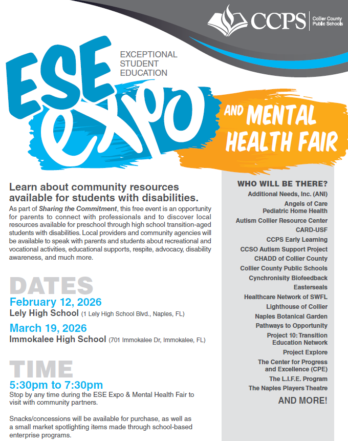 LaurelOakElem's tweet photo. CCPS offers two ESE Expo and Mental Health Fairs for families to learn about community resources available for students with disabilities. The events are free and open to the public. See flyer for details! #CCPSFamily https://t.co/o2IapRZkJ4