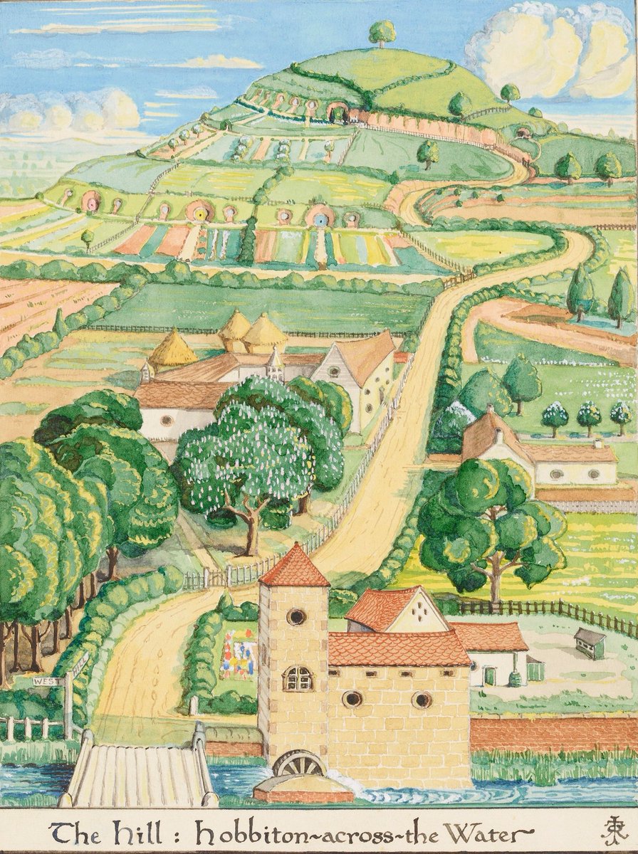 __Imladris__'s tweet photo. ¿Cómo era la Tierra Media a los ojos de Tolkien? En este hilo comparo los dibujos hechos por el autor de El Señor de los Anillos y las adaptaciones cinematográficas.

1. Hobitton, La Comarca https://t.co/yIkvmwwTgx