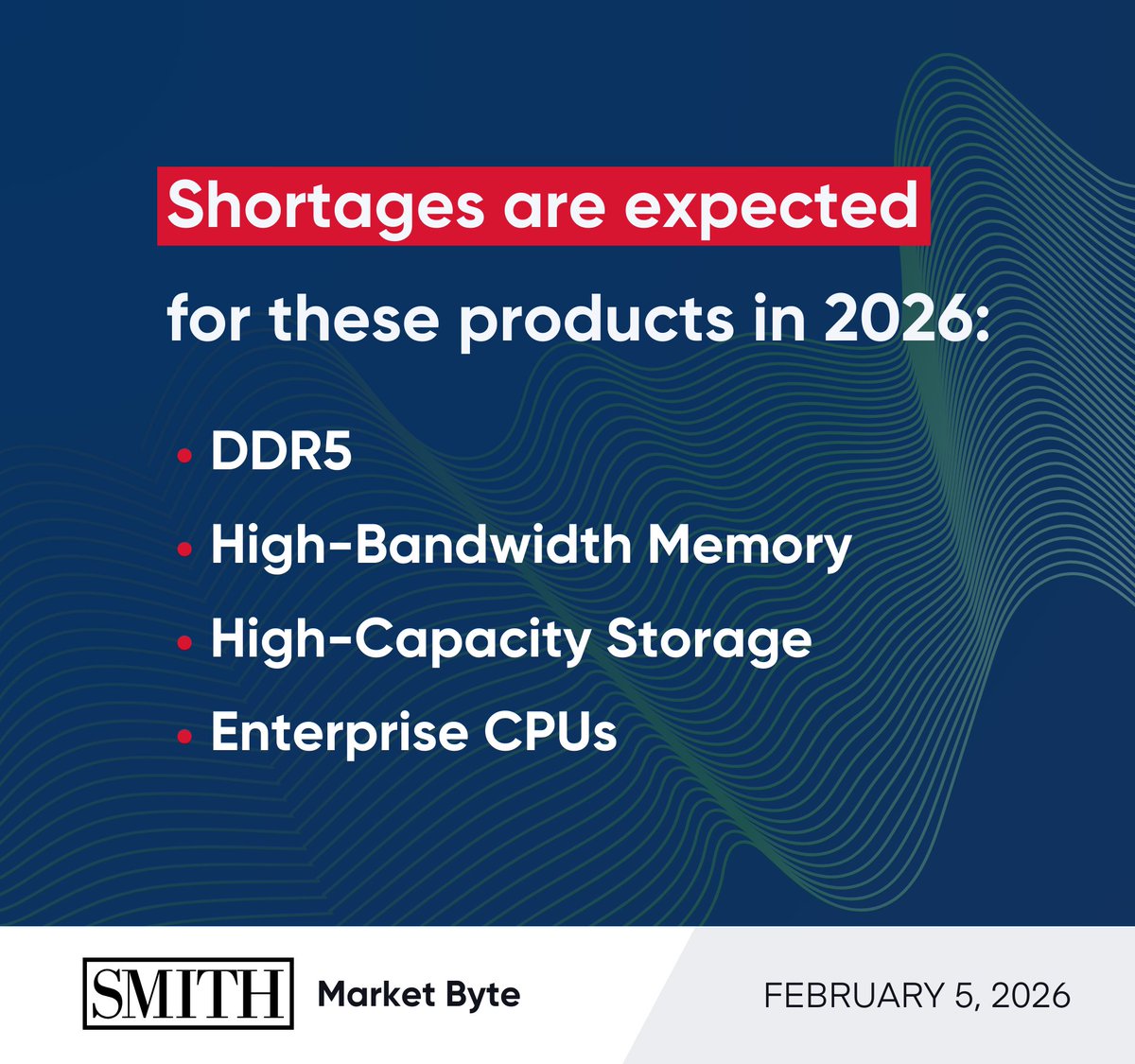 smithweb's tweet photo. For additional insights, please contact your Smith sales representative, or request a quote here: https://t.co/2f0as6gm6v #IntelligentDistribution #Tech #Semiconductor #MarketByte #SupplyChain #SemiconductorMarket #Shortages #DDR5 #HBM #HighBandwidthMemory #Memory #Storage #CPUs https://t.co/afuIvmOHaN