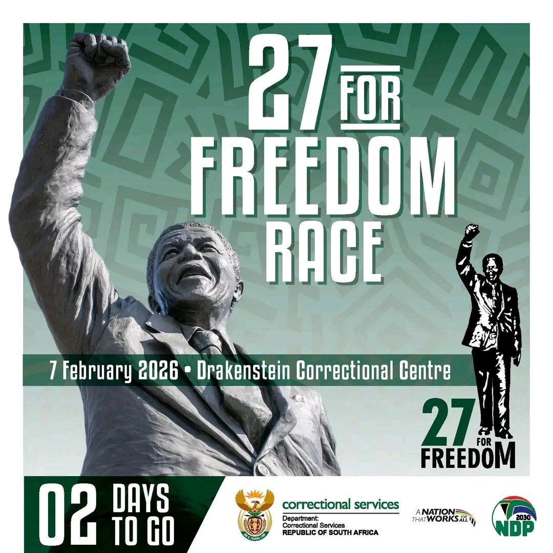 GovernmentZA's tweet photo. 2 days to go. πββοΈ
Join the 27 For Freedom Race β a powerful run for remembrance, unity and purpose.
π Drakenstein Correctional Centre
π 07 February 2026
#27ForFreedomRace #GovZAUpdates @DCS_ZA https://t.co/Cd2Eicff88