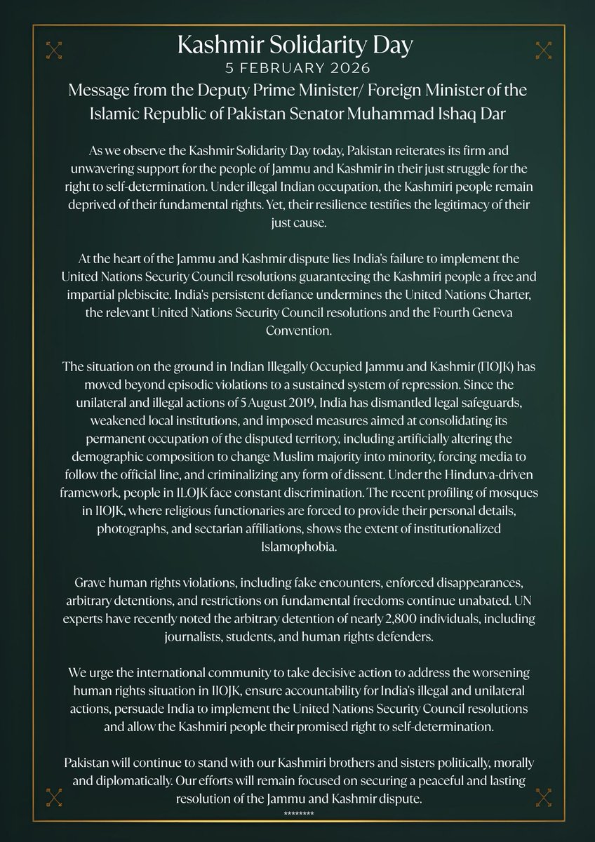 InfoPakDC's tweet image. Message from the Deputy Prime Minister and Foreign Minister of the Islamic Republic of Pakistan, Senator Mohammad Ishaq Dar
@MIshaqDar50
, on Kashmir Solidarity Day. #KashmirSolidarityDay