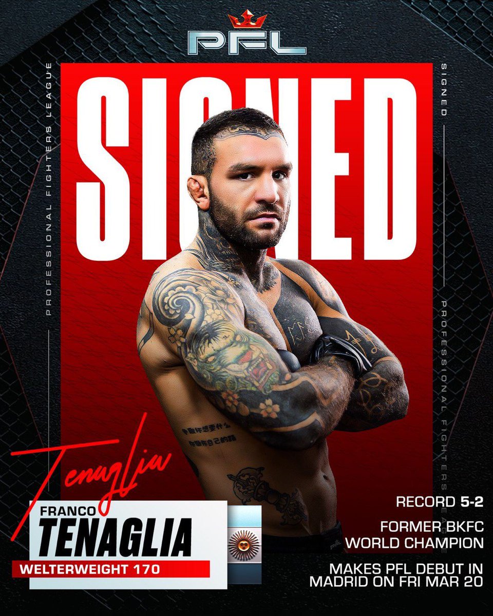 🚨BOOOOOOM🚨

🇦🇷🇪🇸Franco Tenaglia (5-2) ha firmado con PFL y debutará el 20 de marzo en PFL Madrid en peso wélter 

#PFLMadrid #PFLSpain #MMASpain