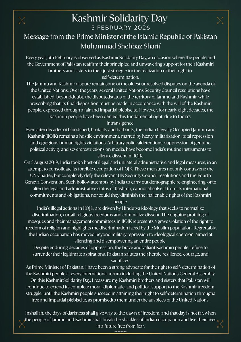 InfoPakDC's tweet image. Message from the Prime Minister of the Islamic Republic of Pakistan, Muhammad Shehbaz Sharif
@CMShehbaz , on Kashmir Solidarity Day. #KashmirSolidarityDay