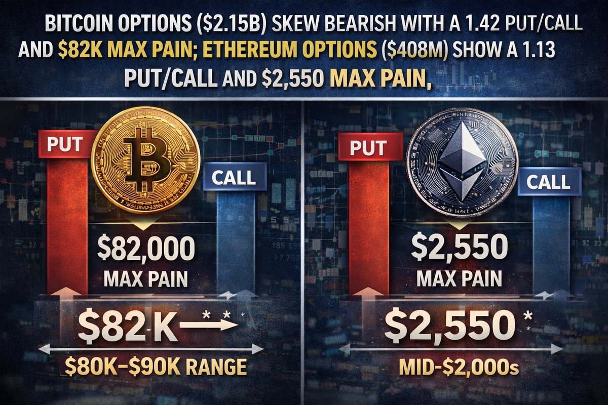 just in🚨

Deribit reports over $2.5 billion in crypto options set to expire on Friday

BTC options ($2.15B) skew bearish with a 1.42 Put/Call and $82K Max Pain. ETH options ($408M) show a 1.13 Put/Call and $2,550 Max Pain, centered in the mid-$2Ks.<a href="/CertiK/">CertiK</a> skynet.certik.com/pulse