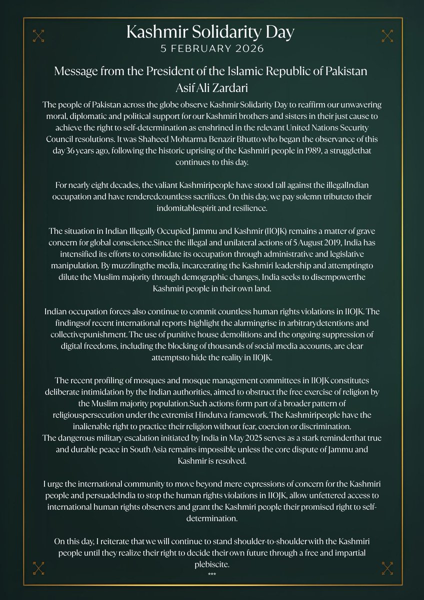 InfoPakDC's tweet image. Message from the President of the Islamic Republic of Pakistan Asif Ali Zardari @PresOfPakistan , on Kashmir Solidarity Day.  #KashmirSolidarityDay