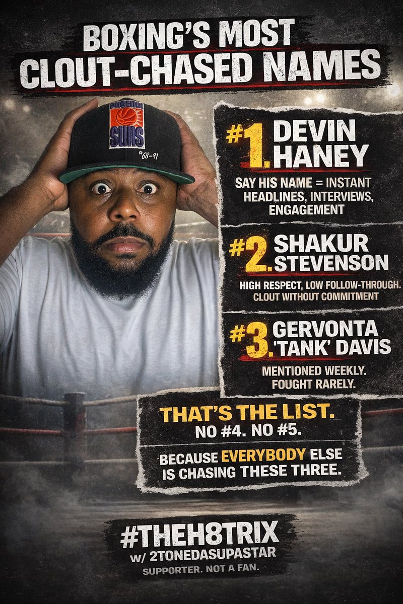 2ToneDaSupastar's tweet image. Boxing got a clout problem.

Fighters say these names for attention more than contracts:
1️⃣ Devin Haney
2️⃣ Shakur Stevenson
3️⃣ Gervonta Davis

That’s the list.
No #4. No #5.
#THEH8TRIX