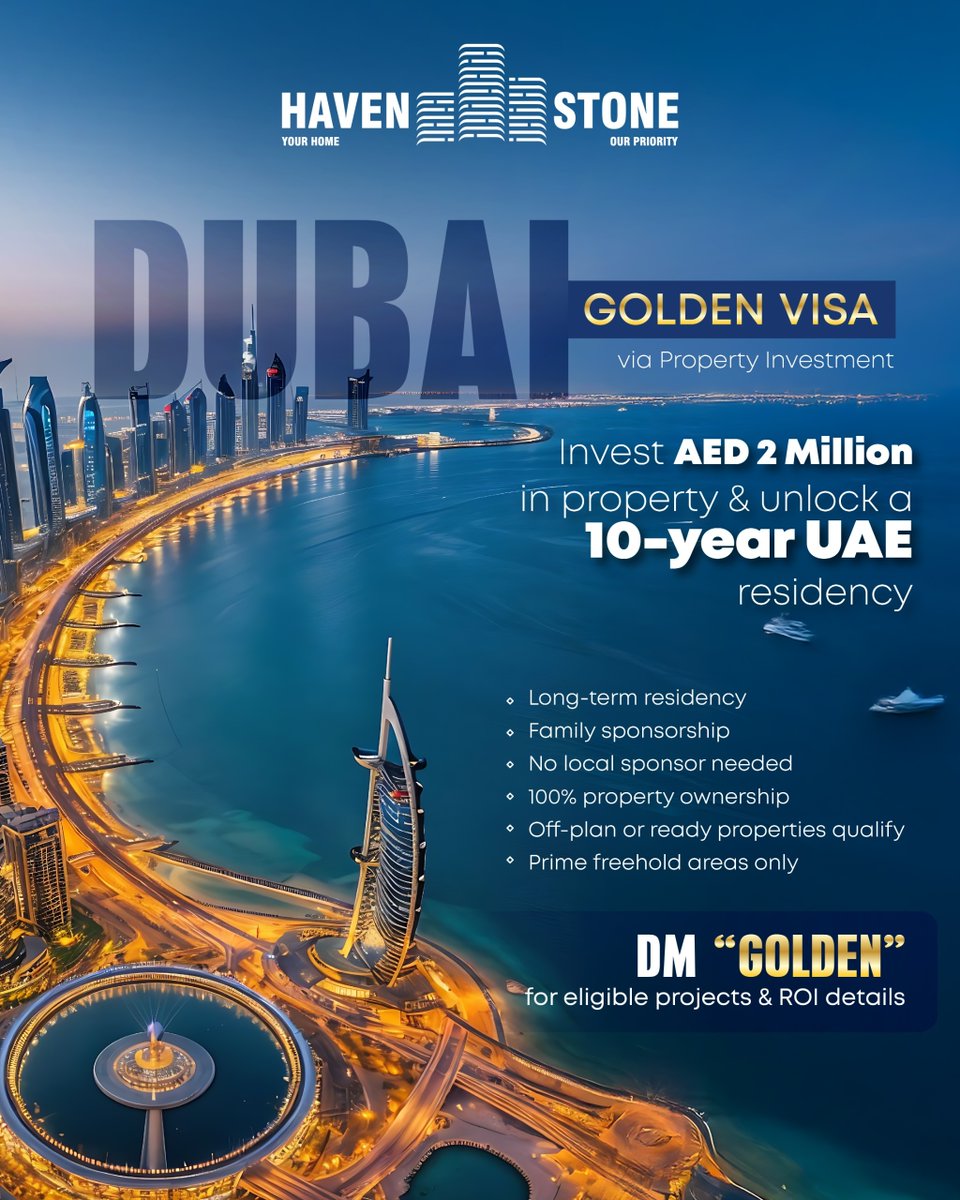 HavenstonePLLC's tweet photo. Dubai Golden Visa via Property 🇦🇪✨
Invest AED 2M → 10-year residency
✔ Family sponsorship
✔ No local sponsor
✔ 100% ownership
✔ Off-plan &amp; ready
✔ Prime freehold areas

DM “GOLDEN” for projects &amp; ROI 💫

#DubaiRealEstate #Dubai #DubaiProperty https://t.co/fnmBdfEJSR