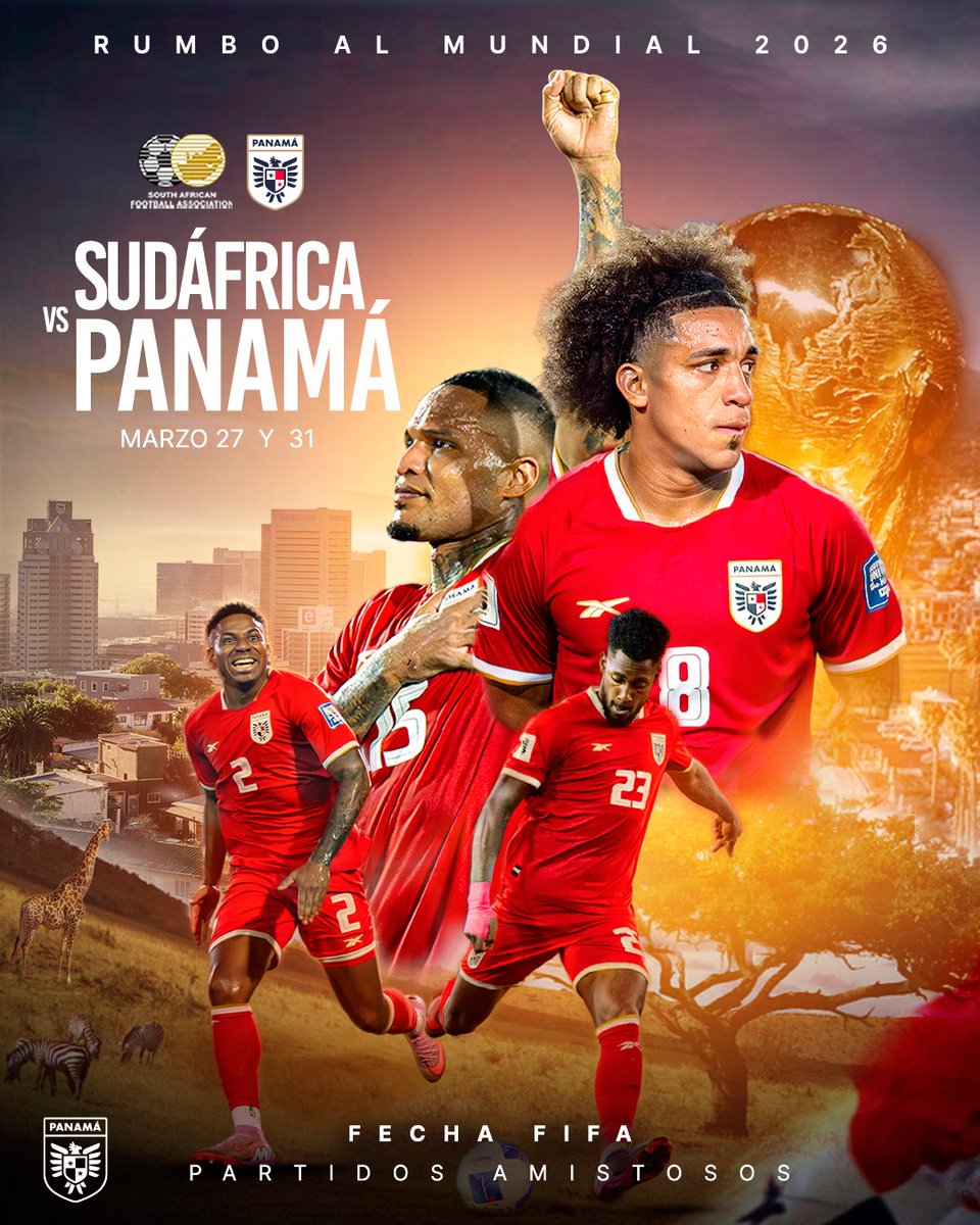 ¡RUMBO A ÁFRICA ⚽️!

La selección #PanamáMayor 🇵🇦 viajará a África para jugar dos partidos amistosos 🆚 Sudáfrica 🇿🇦 este 27 y 31 de marzo por la Fecha FIFA, en su preparación rumbo al <a href="/FIFAWorldCup/">FIFA World Cup</a> 🏆.

Será el primero de nuestra historia en el continente africano.

Nota 🗒️ ➡️