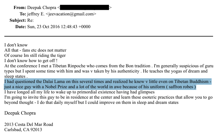 bhuchungtsering's tweet photo. Two faces of @DeepakChopra  ? He literally trashes HH the #DalaiLama in an email to #EpsteinFiles in 2016 but has no qualms using HH's name to sell himself to his followers, including taking them to #Dharamsala in 2019 (see image). Can he explain? https://t.co/E1oNMUNf6C