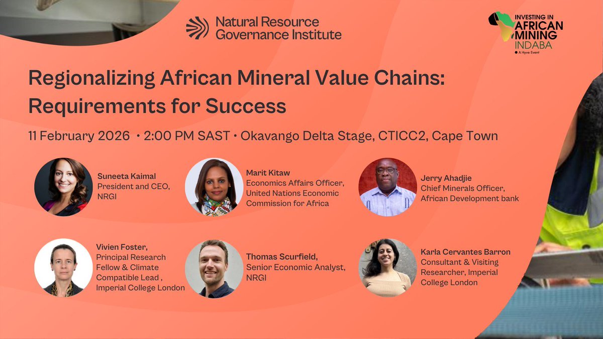NRGInstitute's tweet photo. Attending Mining Indaba next week? 

Join NRGI’s side event on  Regionalizing African Mineral Value Chains: Requirements for Success.

📅 11 February | 🕑 2:00–4:00 PM SAST
📍 Okavango Delta Stage, CTICC2 (Level 1), Cape Town

Learn more: https://t.co/IU5YL4zFcH https://t.co/u5j3M6rltP