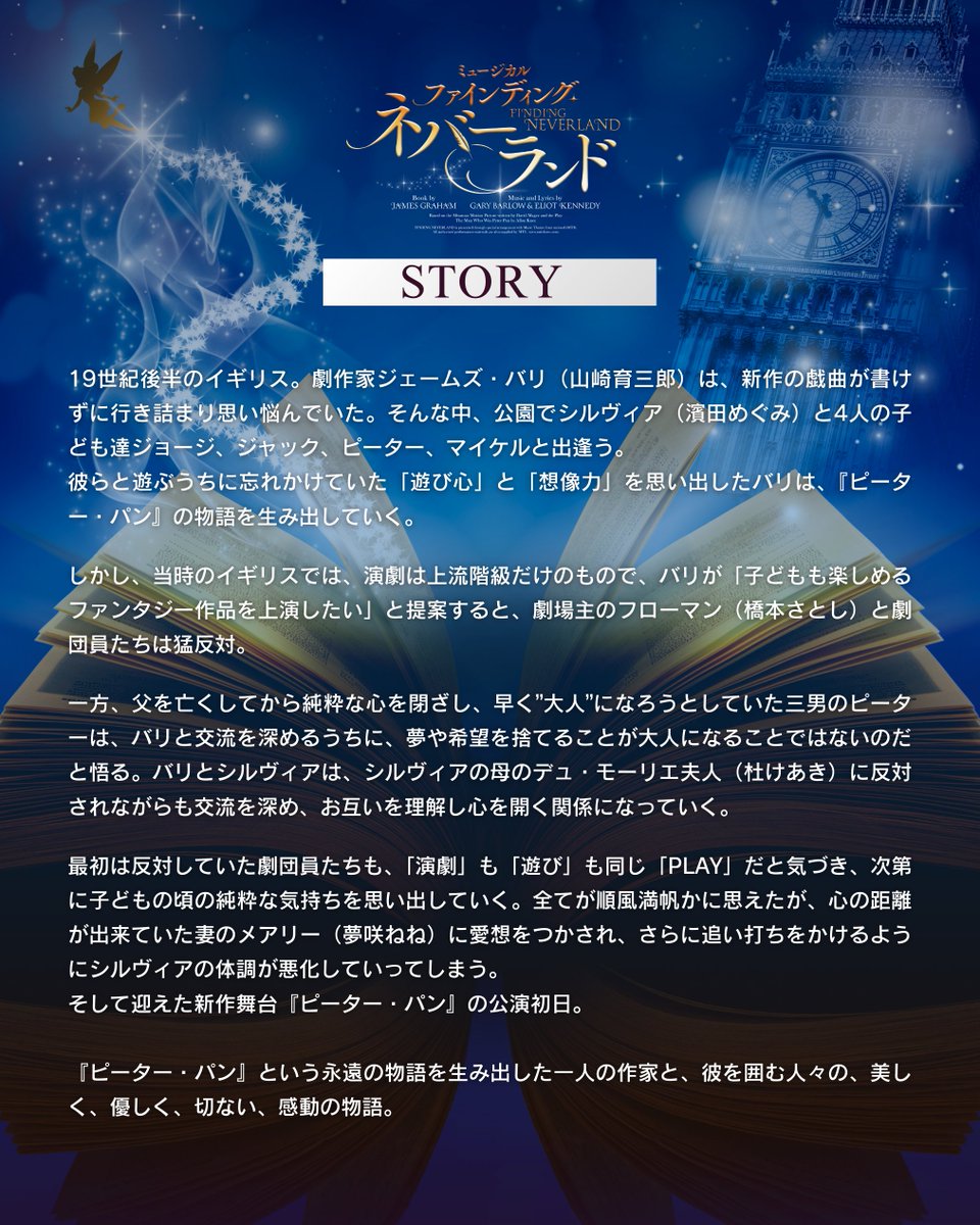 finding2027's tweet image. ◦・━━・◦
📔𝐒𝐓𝐎𝐑𝐘🧚
◦・━━・◦

『ピーター・パン』という
永遠の物語を生み出した一人の作家と、
彼を囲む人々の、
美しく、優しく、切ない、感動の物語。

▸𝟐𝟎𝟐𝟕年𝟏～𝟐月上演
▸東京・宮城・大阪・愛知・福岡
horipro-stage.jp/stage/findingn…
#ファインディングネバーランド #山崎育三郎