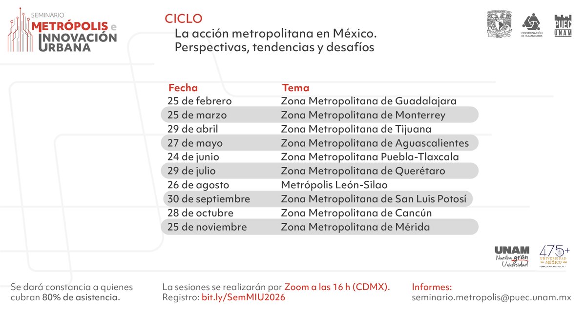 PUEC_UNAM's tweet photo. Te invitamos al ciclo del seminario 𝗠𝗲𝘁𝗿ó𝗽𝗼𝗹𝗶𝘀 𝗲 𝗜𝗻𝗻𝗼𝘃𝗮𝗰𝗶ó𝗻 𝗨𝗿𝗯𝗮𝗻𝗮, que estará dedicado a reflexionar la situación actual de las metrópolis a través de casos específicos del país.
Arranca 25 de febrero ¡No te lo pierdas! 
Registro >https://t.co/PswqarSzV1 https://t.co/IaR0TyVzhB