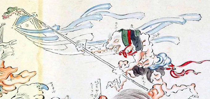 深沓(靴の沓)をかぶって龍頭のついた旗を持ってる妖怪。 いろんな絵巻で見るけど一押しは伝土佐光重筆本の百鬼夜行絵巻と土佐光起の百鬼夜行之圖。 目がいい。 あと犬かなって思ったてら「百鬼夜行絵巻の暗号」に「白虎とみられる」と書いてた。