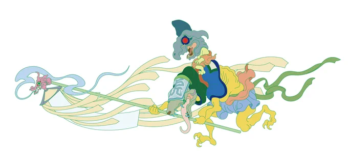 深沓(靴の沓)をかぶって龍頭のついた旗を持ってる妖怪。 いろんな絵巻で見るけど一押しは伝土佐光重筆本の百鬼夜行絵巻と土佐光起の百鬼夜行之圖。 目がいい。 あと犬かなって思ったてら「百鬼夜行絵巻の暗号」に「白虎とみられる」と書いてた。