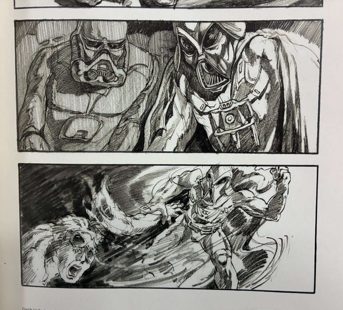 初期の初期のストーリーボードに描かれたベーダー様が恐ろしくて夢に出てきそう。腕、引きちぎってる…。C3-POも…目が… 