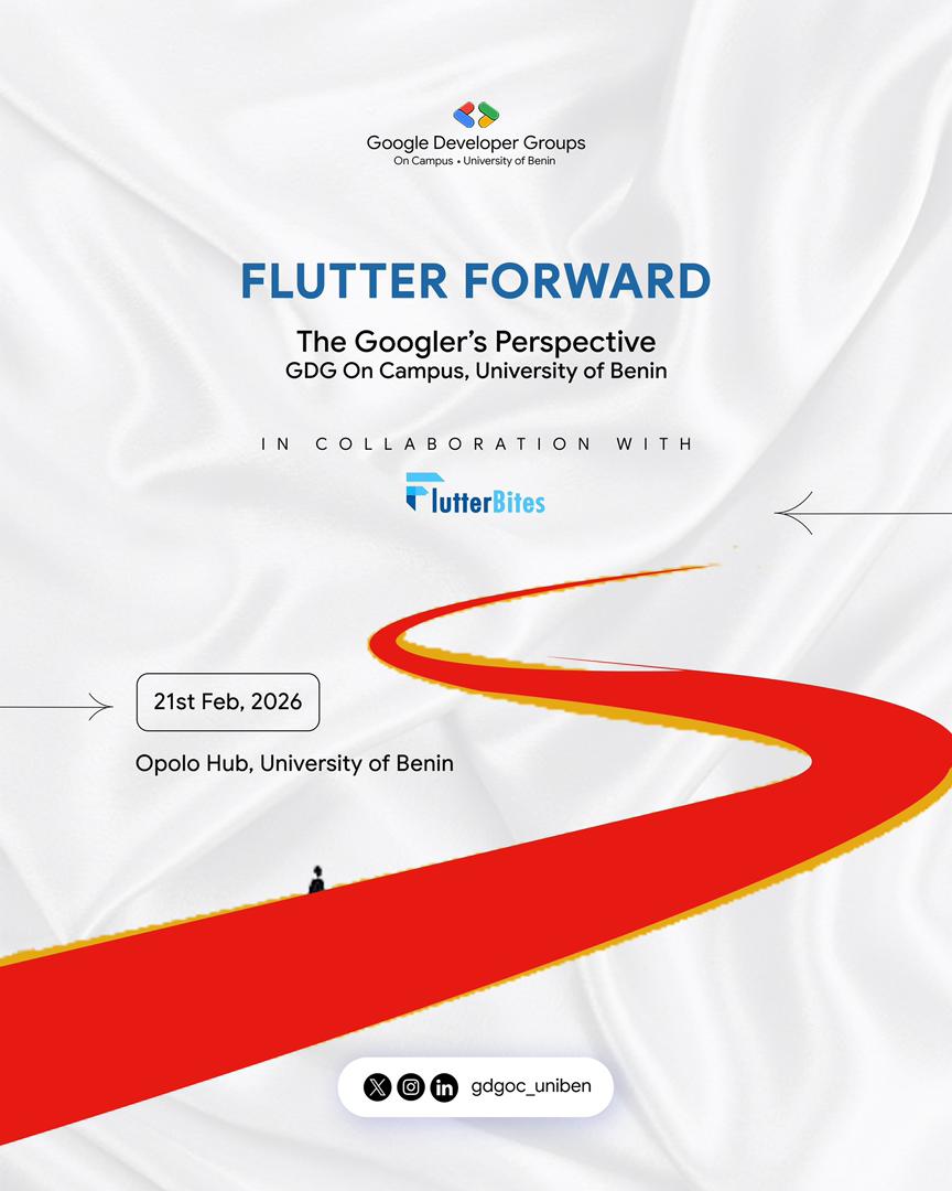 gdgoc_uniben's tweet photo. Flutter isn't just a framework. Itβs a gateway. πͺ
Flutter Forward: The Googlerβs Perspective GDGOC Uniben x Flutterbytes
We show you how modern engineering is done.
π Feb 21 | Opolo Hub, Uniben
Don't be told. Be there.
π Link Below
@flutterbytes_c
#FlutterForward #GDGoC https://t.co/kVW3PlYKxc