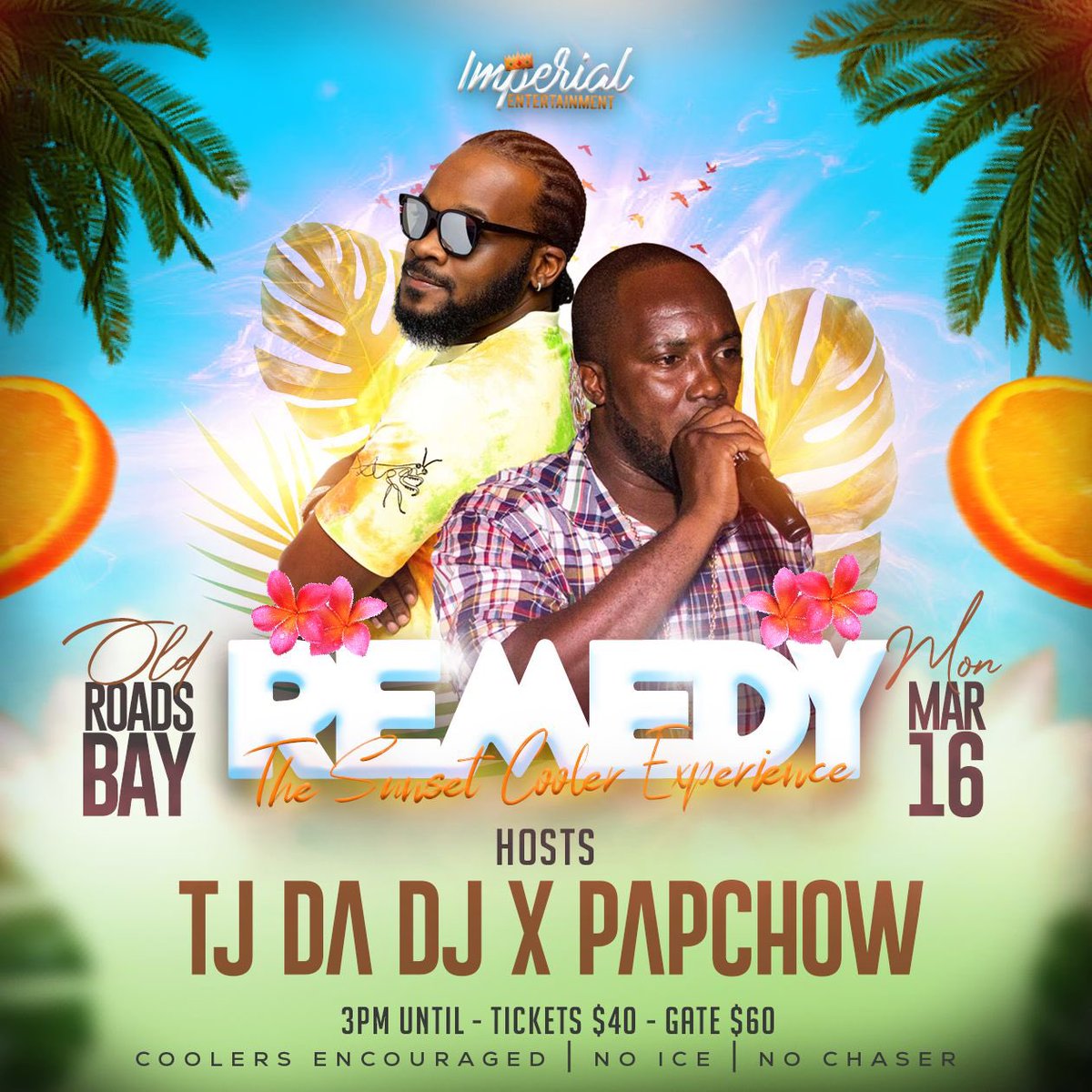 TjDaDeeJay's tweet photo. REMEDY: The Sunset Cooler Experience 🌅🍹🇲🇸

🎤 Hosted by &amp; TJ DA DJ and Papchow, they will be bringing energy and nonstop vibes from start to finish🔥

📍 *Venue:* Old Roads Bay
🗓 *Date:* March 16th, 2026
⏰ *Time:* 3PM until

🎟 *Tickets available*
$40 early | $60 at the gate https://t.co/1CyWpATIVM