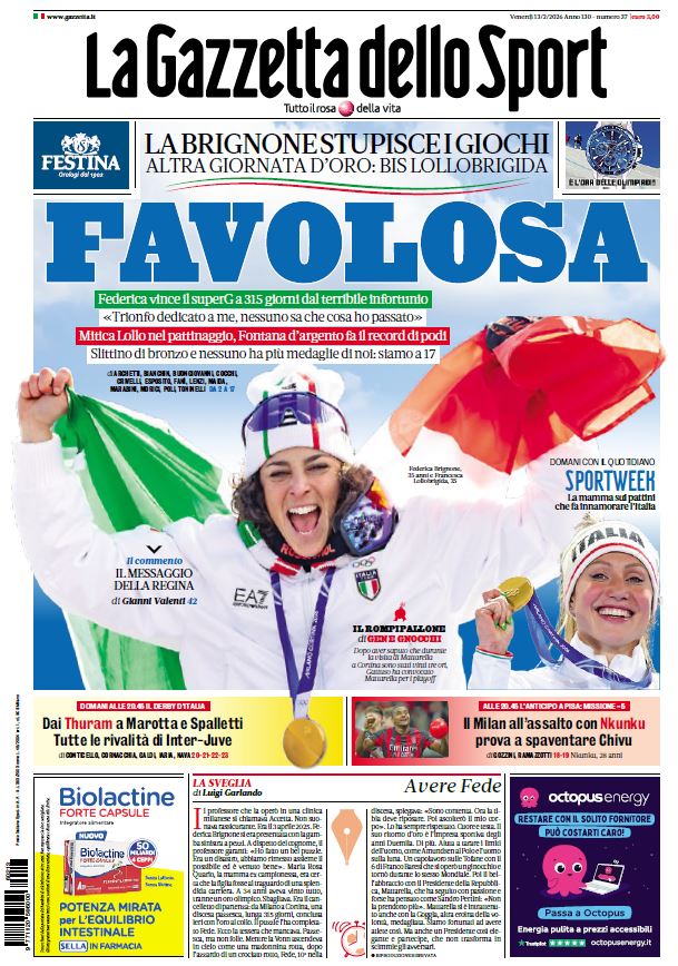 La prima pagina della Gazzetta di oggi:

📣FAVOLOSA
Le notizie 👉trib.al/cGNgwIi