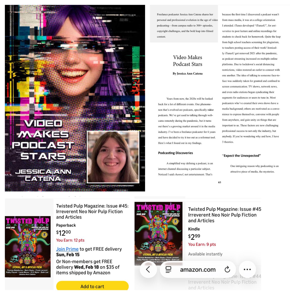 jesscatena's tweet photo. #video’s having a beneficial effect for #podcasts. I wrote my findings @PressScreaming’s 
#twistedpulp #art magazine, &amp; trying @mmediareview. Buy your print or #kindle copy now on #Amazon! #podcasting #videography https://t.co/b7dGZU3Fnu https://t.co/VsIQ70sARS