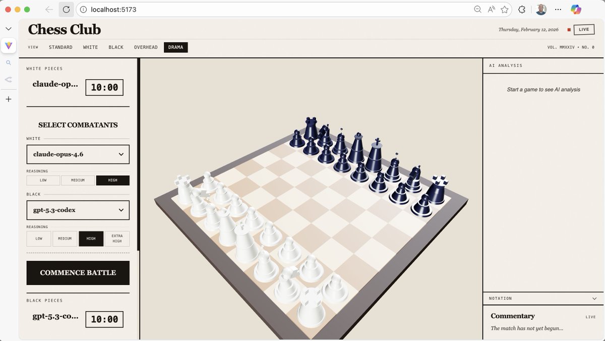 burkeholland's tweet photo. Built a 3D chess game on the Copilot SDK so I could pit Opus 4.6 against GPT-5.3 Codex

They are battling now.

Get your bets in. https://t.co/WnCgNxavvf