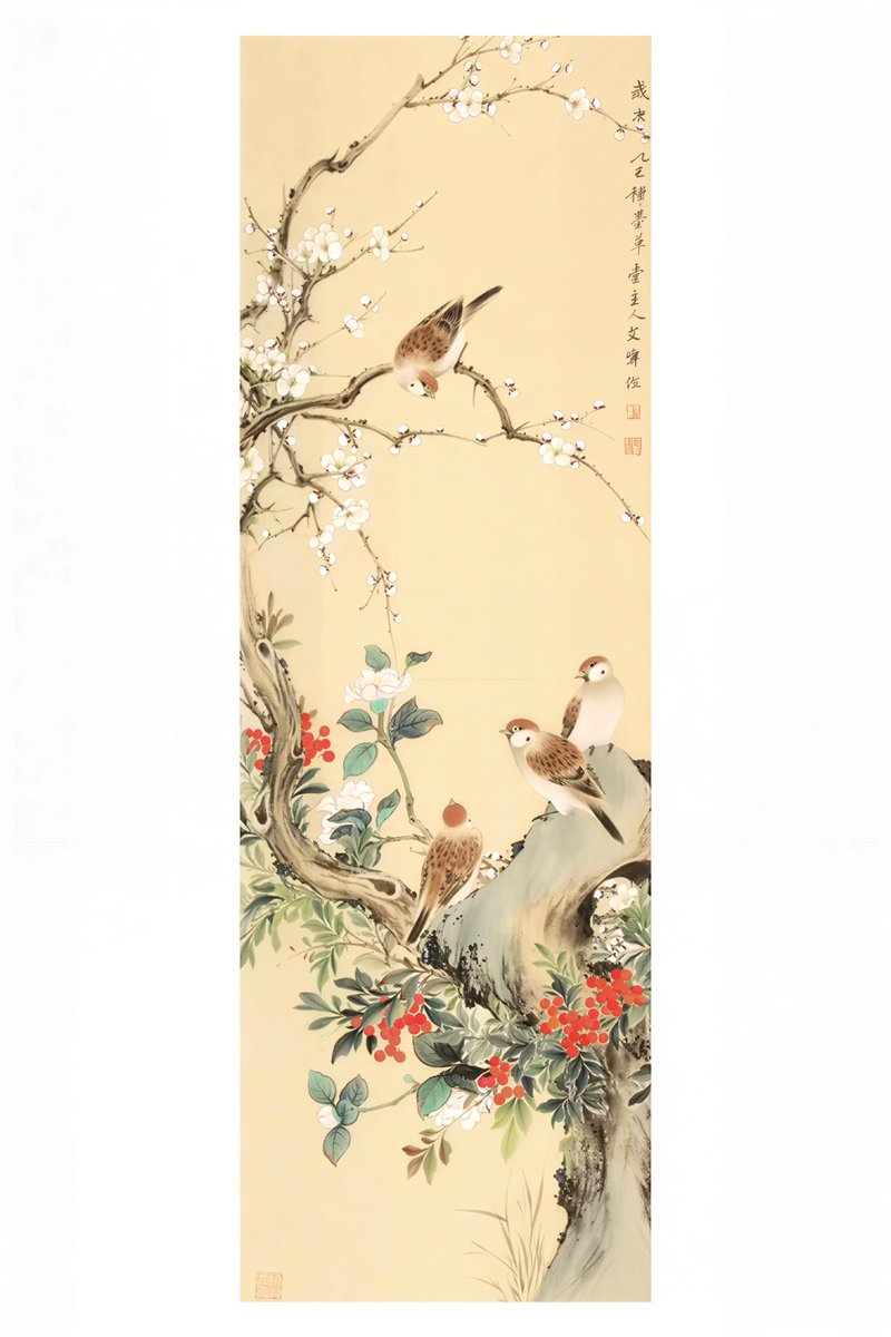 水墨画作品：「鳥と花」 サイズ：30 x 90 cm 素材：宣紙、墨 ご収集の