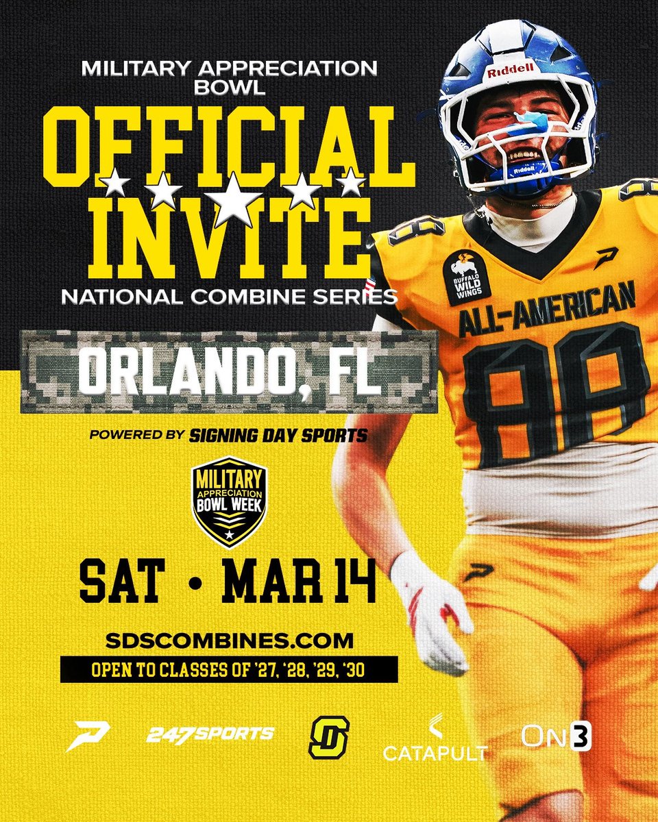 After a long conversation with  <a href="/CSMITHSDSU/">Craig Smith</a> I am blessed to receive an Official Invitation To The Military Appreciation Bowl Combine 
<a href="/WeGetYouOffers/">Tier1Recruiting</a> <a href="/EdgewaterFB/">Edgewater Football</a> <a href="/247Sports/">247Sports</a> <a href="/Coach_Streeter/">Brett Streeter</a> <a href="/Coach_Zyshon/">Zyshon Conley</a>
