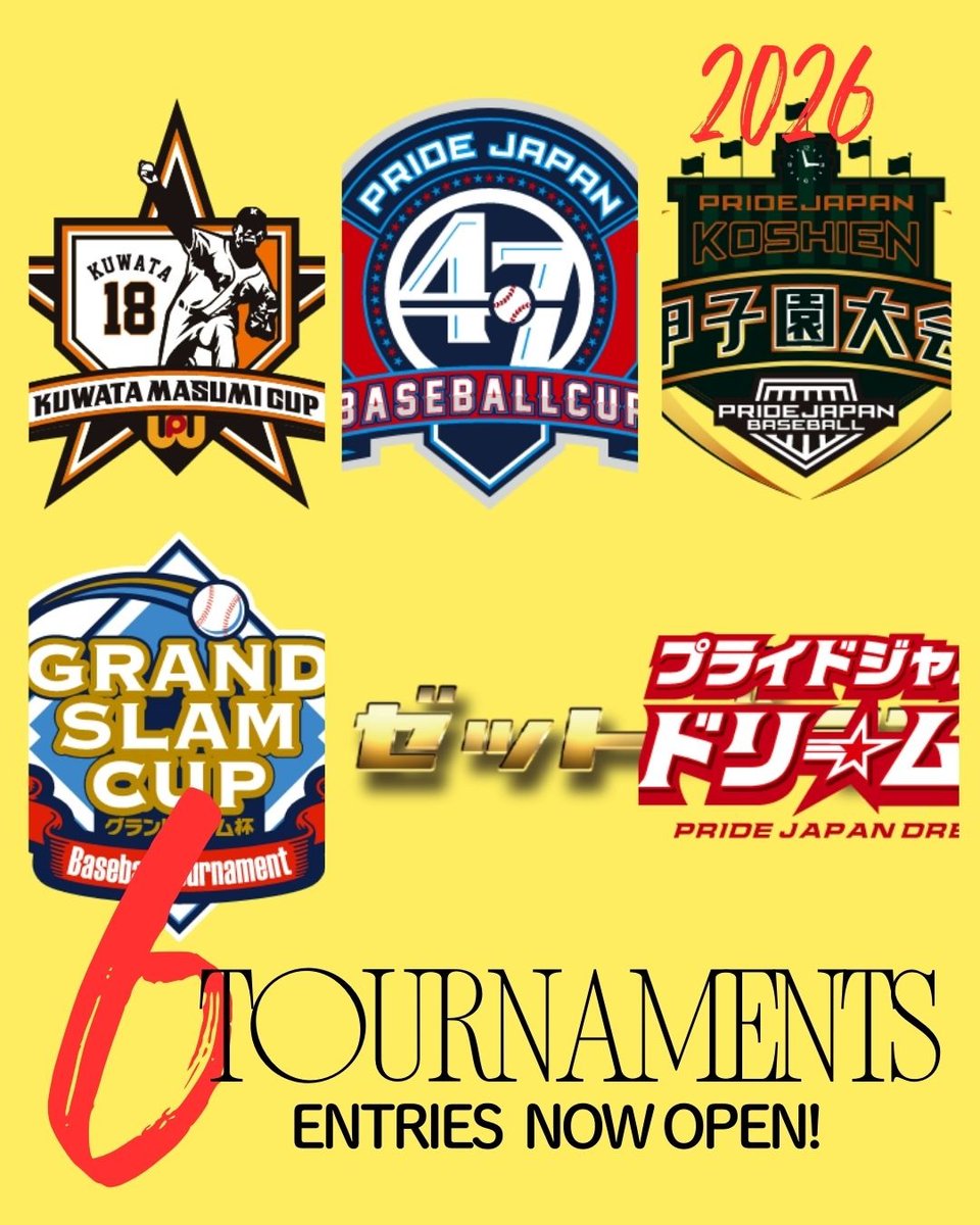 PRIDEJAPAN2015's tweet photo. 🔥挑戦者求む🔥
🏆プライドジャパン6️⃣大会
＼2026年シーズン⚾／
▶️6大会すべてエントリー受付中！！
すでに定員締切の地区もあり⚡
出場検討中のチームはお早めに✨
※エントリーは入金先着順
🏆開催大会👇
・桑田真澄・ワールドペガサス杯（県予選5～6月）
・プライドジャパンドリームカップ（県予選6～7月）
・プライドジャパン甲子園大会（県予選7～8月頃）
・PRIDEJAPAN47 BASEBALL CUP（県予選9～10月頃）
・ZETT GRAND PRIX（県予選10月頃～）
・グランドスラム杯（県予選11月頃～）
※予選時期は地域により異なります
FINALはプロスタジアムで頂上決戦🏟🔥
甲子園大会FINALは甲子園球場✨
WP杯＆ドリームカップは選手登録不要👌

🔥複数大会・6大会フル参戦も大歓迎！
全国の舞台に挑め⚾🏆エントリーサイトはコチラ↓
https://t.co/H9QKXC35nm
