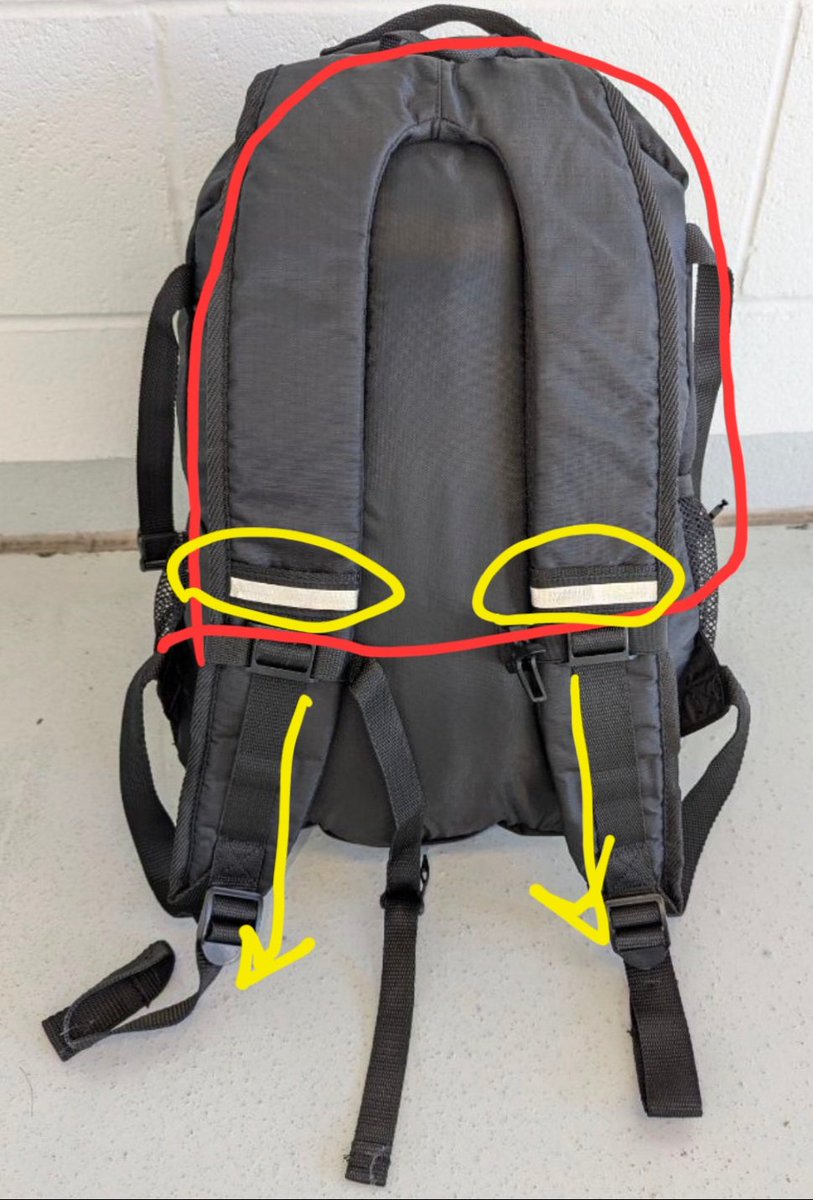 HSsurvivor's tweet image. The first photo is the back of the backpack. Straps circled in red are on his back behind his shoulders. The yellow indicates the straps you see near his underarms. If you've ever put on a backup you'll understand this.