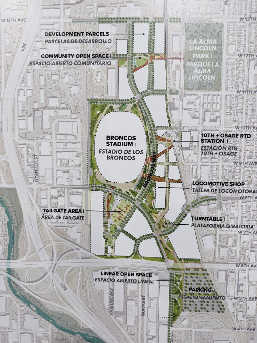 ZacStevens's tweet photo. The future Broncos Stadium Site Plan.

Can see an idea of where the stadium will be, along with parking and tailgating.

The RTD station will be super close to the stadium. https://t.co/vfNk4nZ1XB