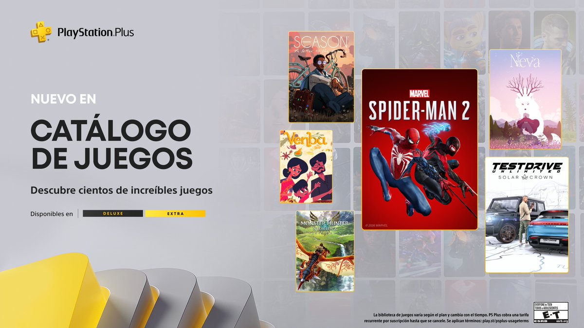 PlayStation_LA's tweet photo. El Catálogo de Juegos de PlayStation Plus para febrero incluye: 

🕷️ Marvel’s Spider-Man 2
🏎️ Test Drive Unlimited Solar Crown
🐺 Neva
🚲 Season: A Letter to the Future

…y más... Conoce todos los detalles: https://t.co/iSgTBptyqr https://t.co/Rzrg1WECAn