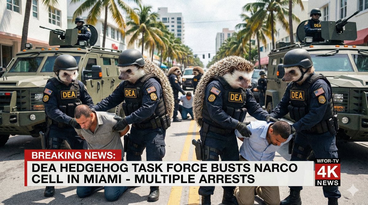 PricklyPatrol's tweet photo. 🚨 BREAKING: DEA Special Task Force "Quill" executes a massive raid on a narco-terrorist cell in downtown Miami. Suspects are in custody. The streets just got a little sharper. 🚔🦔🌴

#DEA #Miami #BreakingNews #Takedown #Satire https://t.co/OH30oRjqQu